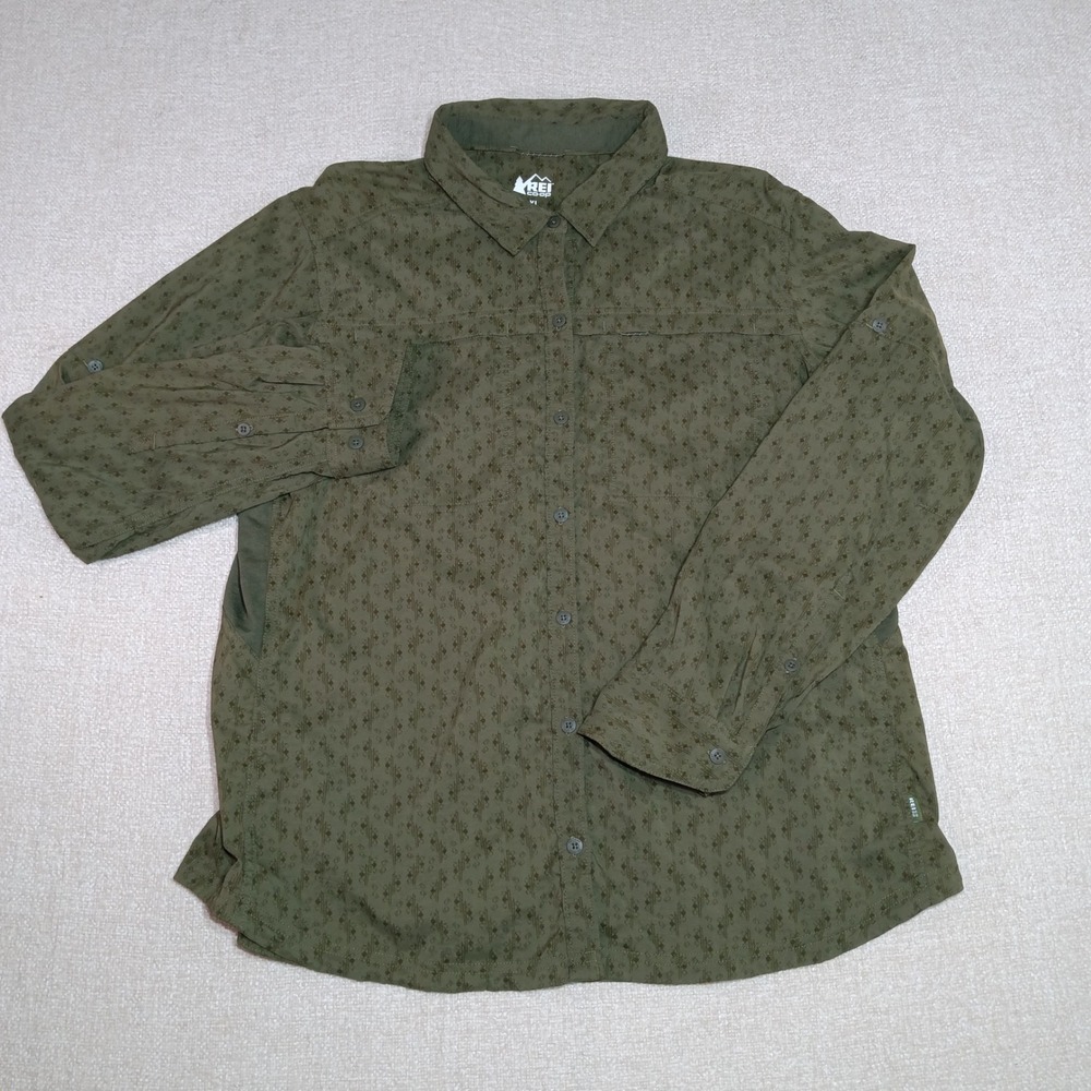 REI Co-op Sahara Long Sleeve Hiking Shirt Womens XL Olive Green Geometric Print